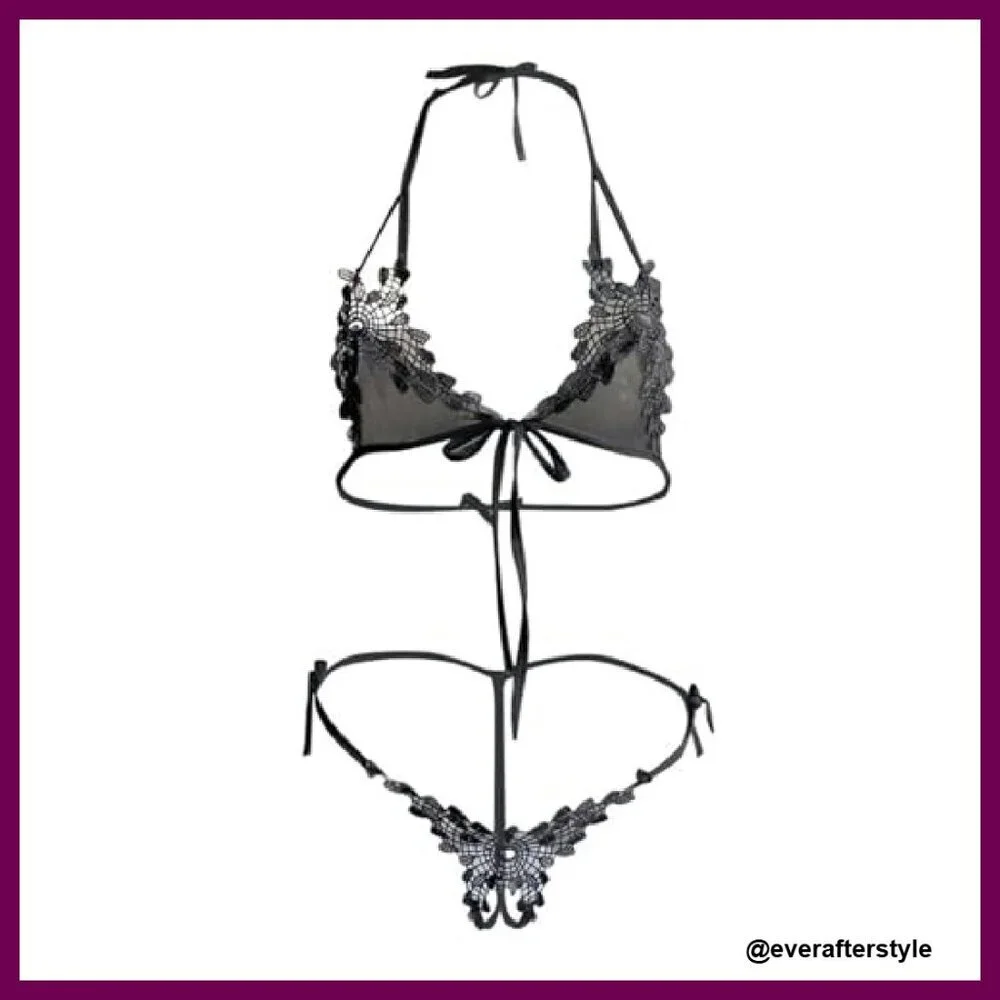 Floral Applique Cut-Out Halter Bra Panty Set Seductive Lingerie
